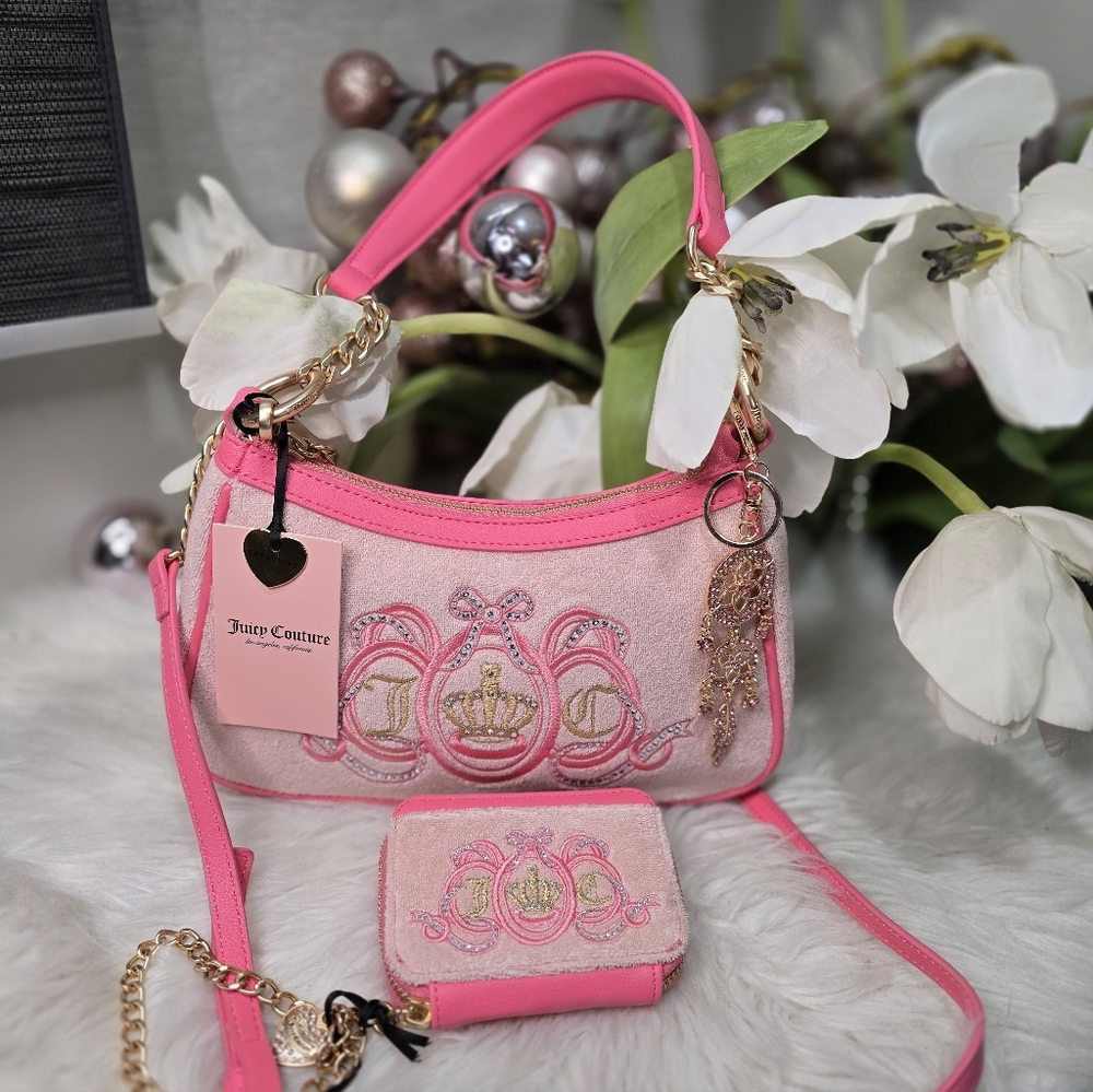 Juicy Couture Pink/lemonade diamond shoulder bag with matching wallet and Charm - Picture 8 of 9